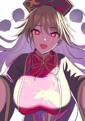 Rule 34 | 1girl, :d, amisu, breasts, commentary request, floating hair, gold trim, hat, highres, huge breasts, junko (touhou), leaning forward, long hair, looking at viewer, mature female, open mouth, pom pom (clothes), reaching, reaching towards viewer, red eyes, sidelighting, simple background, smile, solo, tabard, touhou, upper body, white background, wide sleeves