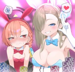 Rule 34 | ..., 2girls, animal ears, armpits, asuna (blue archive), asuna (bunny) (blue archive), bare shoulders, blue archive, blue eyes, blue neckwear, blush, bow, bowtie, braid, breast envy, breasts, bubukka, cleavage, commentary request, condom, detached collar, fake animal ears, flat chest, gloves, hair over one eye, halo, holding, holding condom, large breasts, leotard, looking at another, looking at viewer, mole, mole on breast, mole under eye, multiple girls, neru (blue archive), neru (bunny) (blue archive), orange hair, pantyhose, playboy bunny, rabbit ears, red eyes, red neckwear, single braid, smile, spoken ellipsis, traditional bowtie, upper body, white gloves
