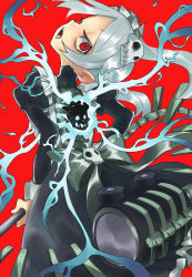 Rule 34 | 1girl, absurdres, bloody marie (skullgirls), energy, from behind, grey hair, hair ornament, head tilt, highres, looking at viewer, looking back, maid headdress, open mouth, red background, red eyes, skull hair ornament, skull heart, skullgirls, solo, twintails, vacuum cleaner, waa153