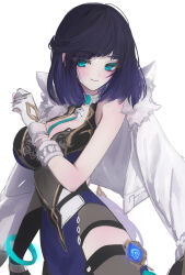 Rule 34 | 1girl, absurdres, aqua eyes, backless dress, backless outfit, blue dress, blue hair, breasts, closed mouth, dark blue hair, dice, dna jhin21, dress, fur-trimmed jacket, fur trim, genshin impact, gloves, highres, jacket, jacket on shoulders, large breasts, looking at viewer, medium hair, simple background, solo, upper body, vision (genshin impact), white background, white gloves, white jacket, yelan (genshin impact)