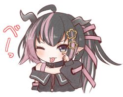 Rule 34 | 1girl, ahoge, akanbe, belt, belt collar, black belt, black hair, black jacket, blue eyes, blush, closed mouth, collar, commentary, cropped torso, demon girl, demon horns, earrings, eyelid pull, flower, grey horns, hair flower, hair ornament, hair ribbon, horns, jacket, jewelry, long hair, long sleeves, looking at viewer, medium bangs, multicolored hair, nanashi inc., off shoulder, oinomori may, oinomori may (1st costume), one eye closed, one side up, pink hair, pink ribbon, pointy ears, powercandy, ribbon, simple background, smile, solo, symbol-only commentary, tongue, tongue out, two-tone hair, upper body, virtual youtuber, white background, zipper