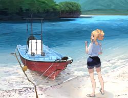 Rule 34 | 1girl, absurdres, bare shoulders, beach, blonde hair, blue eyes, blue footwear, blush, boat, closed mouth, eating, food, forest, gochiwa, hair bun, highres, holding, holding food, nature, off shoulder, original, popsicle stick, sand, sandals, scenery, single hair bun, smile, solo, standing, tree, water, watercraft