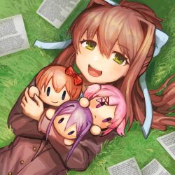 Rule 34 | 1girl, :&lt;, :d, blazer, blurry, bow, brown hair, brown jacket, buchi0122, buttons, censored, censored text, character doll, closed mouth, doki doki literature club, grass, green eyes, hair between eyes, hair bow, hair ornament, hairclip, highres, holding, holding stuffed toy, jacket, light blush, long hair, long sleeves, looking at viewer, lying, monika (doki doki literature club), natsuki (doki doki literature club), on back, on ground, open mouth, paper, pink hair, plant, ponytail, purple hair, red bow, sayori (doki doki literature club), short hair, smile, solo, stuffed toy, teeth, upper body, upper teeth only, white bow, x hair ornament, yuri (doki doki literature club), | |