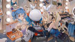 Rule 34 | 2girls, ;3, absurdres, bare shoulders, belt pouch, beret, black gloves, black skirt, blonde hair, blue eyes, blue gloves, blue hair, blue shirt, bow, bow hairband, colphne (girls&#039; frontline 2), cosmetics, cup, disposable cup, doughnut, dressing room, drinking, drinking straw, elbow gloves, fang, food, food delivery box, girls&#039; frontline, girls&#039; frontline 2: exilium, gloves, hairband, hand on another&#039;s shoulder, hand up, hat, headset, highres, index finger raised, juanmao, light bulb, long hair, makeup brush, mirror, multiple girls, on chair, one eye closed, open box, open mouth, photo (object), poster (object), pouch, red eyes, reflection, sharkry (girls&#039; frontline 2), shirt, short hair, side ponytail, sitting, skirt, sleeveless, sleeveless shirt, twintails, upper body, white bow, white hairband, white headwear, white shirt