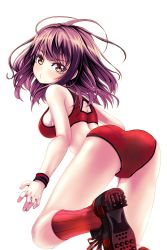 Rule 34 | 1girl, ass, bikini, breasts, cleats, highres, jill (soccer spirits), large breasts, looking at viewer, o3o, official art, partially visible vulva, purple hair, reason (ficafe), red bikini, red eyes, red footwear, resized, shirt, shoes, short hair, soccer spirits, socks, soles, swimsuit, transparent background, upscaled, white shirt