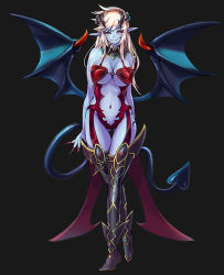 Rule 34 | 1girl, alternate hair color, bare shoulders, black background, black sclera, blue skin, boots, breasts, center opening, colored sclera, colored skin, crossed legs, demon (monster girl encyclopedia), demon girl, demon tail, demon wings, fingernails, full body, gluteal fold, horns, knee boots, large breasts, crossed legs, long fingernails, long hair, looking at viewer, monster girl encyclopedia, navel, original, pointy ears, red eyes, sharp fingernails, smile, solo, sud (sudea), tail, thigh gap, watson cross, wings