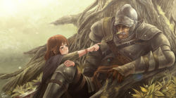 Rule 34 | 1boy, 1girl, arm support, armor, bad id, brown hair, fantasy, freckles, fuji q, full armor, gauntlets, grass, highres, lens flare, old, old man, on ground, original, short hair, signature, sitting, sleeping, tickling, tickling face, tree