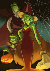 Rule 34 | 10307, 1girl, 2boys, abner cadaver, breasts, brother and sister, cape, cleavage, colored skin, cosplay, dress, earrings, frankenstein&#039;s monster, frankenstein&#039;s monster (cosplay), green hair, green little, green skin, grin, hairband, halloween, halloween costume, hand on own hip, hat, highres, jack-o&#039;-lantern, jewelry, long dress, medium breasts, multiple boys, narrow waist, poe (shantae), red eyes, rottytops, shantae (series), short hair, siblings, silk, skull earrings, smile, spider web, strapless, strapless dress, wayforward, witch hat