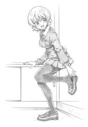 Rule 34 | 10s, 1girl, bbb (friskuser), breasts, cabinet, commentary request, darjeeling (girls und panzer), emblem, girls und panzer, greyscale, hair up, hallway, medium breasts, monochrome, necktie, open mouth, pantyhose, pleated skirt, removing shoes, school emblem, school uniform, shoes, skirt, smile, solo, st. gloriana&#039;s (emblem), st. gloriana&#039;s school uniform, standing, sweater