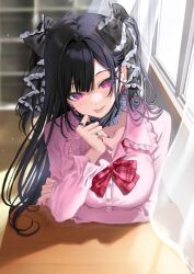 Rule 34 | 1girl, :p, arm rest, arm under breasts, black hair, black mask, black ribbon, blush, bow, bowtie, breasts, classroom, collarbone, commentary request, desk, earrings, fingernails, frilled ribbon, frilled shirt collar, frilled sleeves, frills, glint, hair ribbon, hamu (plot sy), head tilt, highres, indoors, jewelry, jirai kei, large breasts, long hair, long sleeves, looking at viewer, mask, mouth mask, nail polish, original, pink eyes, pink shirt, red bow, red bowtie, ribbon, ring, school desk, shirt, smile, solo, tongue, tongue out, very long hair
