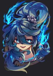 Rule 34 | 1girl, blue eyes, blue fire, blue hair, chain, commentary request, cuffs, fire, flaming eyes, floating hair, grey background, hair between eyes, hair ornament, hair tubes, handcuffs, high ponytail, highres, hitodama, long bangs, long hair, looking at viewer, matsukuzu, miyadeguchi mizuchi, open mouth, ponytail, portrait, sharp teeth, simple background, skull hair ornament, smile, solo, teeth, touhou, upper body, upper teeth only