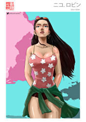 Rule 34 | 1girl, absurdres, aliasartworks, arm behind back, blue background, blue eyes, border, camisole, character name, earrings, floral print, highres, instagram username, jewelry, long hair, looking at viewer, loose hair strand, nico robin, one piece, pink background, pink camisole, pink lips, short shorts, shorts, solo, twitter username, white border