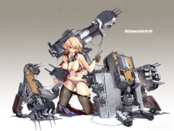 Rule 34 | 1girl, bare shoulders, black bra, black pantyhose, blonde hair, blue eyes, blue skirt, bra, breasts, cannon, character name, clothes pull, damaged, full body, grey background, grey panties, highres, holding, holding weapon, large breasts, machinery, miniskirt, mouth hold, navel, newport news (warship girls r), panties, pantyhose, pantyhose pull, short hair, skirt, solo, torn clothes, torn pantyhose, torn skirt, turret, underwear, warship girls r, weapon, windforcelan