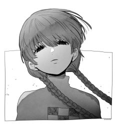 Rule 34 | 1girl, artist name, braid, closed mouth, commentary request, cropped torso, empty eyes, expressionless, floating hair, goldenriver8, greyscale, half-closed eyes, light frown, long hair, looking at viewer, low twin braids, madotsuki, monochrome, print sweater, solo, sweater, tareme, turtleneck, turtleneck sweater, twin braids, unusually open eyes, yume nikki