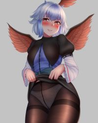 Rule 34 | 1girl, absurdres, black capelet, black pantyhose, blue dress, blush, breasts, capelet, commission, cowboy shot, dress, feathered wings, from below, grey background, head wings, highres, horns, juliet sleeves, lifted by self, long sleeves, looking at viewer, medium breasts, mimasi osuwari, nose blush, orange eyes, panties, panties under pantyhose, pantyhose, parted lips, pixiv commission, puffy sleeves, short hair, silver hair, simple background, solo, standing, thighband pantyhose, tokiko (touhou), touhou, underwear, white panties, wings