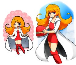 Rule 34 | 1girl, blue eyes, blush stickers, boots, coat, dot nose, dress, facing viewer, feet out of frame, heart, heart background, helmet, long hair, looking at viewer, mona (warioware), nintendo, one eye closed, orange hair, red dress, red footwear, short dress, smile, sparkle, tagme, warioware, white coat, wink