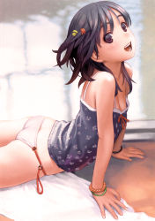 Rule 34 | 1girl, :d, absurdres, arm support, ass, bare shoulders, black hair, blurry, blurry background, blush, bracelet, breasts, camisole, cleavage, cowboy shot, face, floral print, from side, hair ornament, highres, jewelry, looking at viewer, looking to the side, lying, murata range, no pants, on stomach, open mouth, panties, purple eyes, side-tie panties, sleeveless, small breasts, smile, solo, string panties, tareme, teeth, underwear, underwear only, white panties