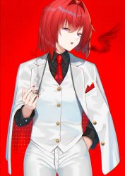 Rule 34 | 1girl, absurdres, ange katrina, blue eyes, cigarette, coat, commentary, english commentary, formal, hand in pocket, highres, nail polish, necktie, nijisanji, pants, red background, red hair, rushian, short hair, simple background, smoke, solo, suit, virtual youtuber