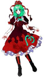 Rule 34 | 1girl, absurdres, arm ribbon, black footwear, boots, bow, breasts, cross-laced footwear, dress, frilled bow, frilled dress, frilled ribbon, frills, front ponytail, full body, green eyes, green hair, hair bow, hair ribbon, highres, kagiyama hina, kuya (hey36253625), medium breasts, open mouth, puffy short sleeves, puffy sleeves, red bow, red dress, red ribbon, ribbon, short sleeves, simple background, solo, teeth, touhou, upper teeth only, white background