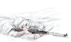 Rule 34 | 1girl, aiming, bolt action, cloak, commentary request, frogsnake, gun, hood, hooded cloak, inubashiri momiji, lying, mosin-nagant, nail polish, on stomach, red eyes, red nails, rifle, sketch, soldier, solo, touhou, wavy hair, weapon, white cloak, white hair