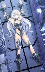Rule 34 | &gt;:(, 1girl, angry, armor, armored boots, armpits, arms up, bare shoulders, bdsm, black gloves, black heart (neptunia), black leotard, black thighhighs, blue eyes, bondage, boots, bound, bound ankles, bound arms, bound legs, bound torso, bound wrists, bracer, breasts, bruise, cable, cleavage, cleavage cutout, clenched hands, clenched teeth, clothing cutout, collarbone, covered collarbone, covered navel, dutch angle, elbow gloves, flipped hair, frown, full body, furrowed brow, gloves, glowing, halterneck, hip focus, indoors, injury, leotard, long hair, looking at viewer, magical girl, medium breasts, neptune (series), noire (neptunia), one eye closed, parted bangs, power symbol, power symbol-shaped pupils, restrained, shadow, shiny clothes, skin tight, solo, spread legs, stationary restraints, symbol-shaped pupils, teeth, thighhighs, thighs, torn clothes, torn leotard, torn thighhighs, turtleneck, v-shaped eyebrows, very long hair, wavy hair, whip marks, white hair, yasume yukito