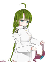 Rule 34 | 10s, 1girl, :&gt;, ahoge, bad id, bad pixiv id, blue eyes, blush, bow, bow bra, bra, unworn bra, braid, coat, green hair, highres, holding, holding bra, holding clothes, holding underwear, kantai collection, long hair, looking at viewer, military, military uniform, mitsudoue, mole, mole under mouth, naked coat, purple bra, single braid, solo, twitter username, underwear, uniform, very long hair, white background, yuugumo (kancolle)