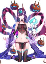 Rule 34 | 1girl, bare shoulders, black thighhighs, blunt bangs, chinese clothes, dudou, fate/grand order, fate (series), hakuishi aoi, headpiece, horns, kneeling, looking at viewer, navel, oni, purple eyes, purple hair, short hair, shuten douji (fate), shuten douji (fate/grand order), shuten douji (halloween caster) (fate), skin-covered horns, smile, solo, thighhighs