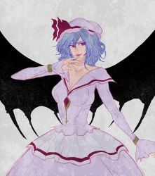 Rule 34 | 1girl, 7 (nnnnnnnk), blue hair, breasts, cleavage, demon wings, dress, fangs, gown, hat, large breasts, long sleeves, mob cap, aged up, red eyes, remilia scarlet, short hair, solo, touhou, v-neck, wings