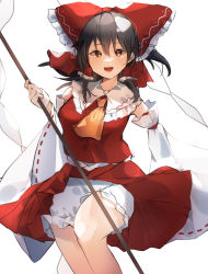 Rule 34 | 1girl, absurdres, ascot, bare shoulders, bloomers, bow, breasts, brown eyes, brown hair, collar, detached sleeves, gohei, hair between eyes, hair ornament, hair tubes, hakurei reimu, hand up, higa (gominami), highres, long sleeves, looking at viewer, medium breasts, open mouth, pants, red bow, red skirt, red vest, shirt, short hair, simple background, skirt, smile, solo, touhou, underwear, vest, white background, white pants, white shirt, wide sleeves, yellow ascot