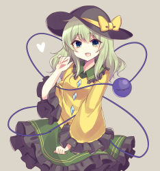 Rule 34 | 1girl, :d, absurdres, black hat, bow, cowboy shot, frilled skirt, frills, green eyes, green hair, green skirt, grey background, hat, hat bow, heart, highres, komeiji koishi, long sleeves, looking at viewer, medium hair, open mouth, shirt, simple background, skirt, smile, solo, standing, subaru (subachoco), third eye, touhou, wide sleeves, yellow bow, yellow shirt