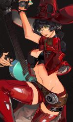 Rule 34 | 1girl, belt, black background, black hair, breasts, cleavage, electric guitar, found modori, glasses, guilty gear, guilty gear strive, guitar, hat, highres, i-no, instrument, large breasts, lips, lipstick, makeup, micro shorts, mole, mole above mouth, navel, red hat, red lips, red shorts, red thighhighs, red vest, short hair, shorts, simple background, smile, solo, thighhighs, thighs, vest, witch hat
