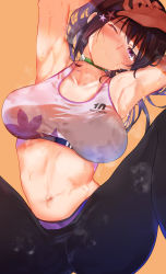 Rule 34 | 1girl, 3;, arito arayuru, armpits, arms up, bare arms, bare shoulders, black hair, black pants, blue archive, breasts, choker, collarbone, crop top, green choker, hair ornament, highres, large breasts, long hair, looking at viewer, midriff, navel, one eye closed, orange background, pants, ponytail, purple eyes, simple background, sleeveless, solo, sports bra, stomach, sumire (blue archive), sweat, track pants