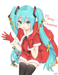 Rule 34 | 1girl, applepie (12711019), aqua eyes, aqua hair, belt, black thighhighs, christmas, gloves, hatsune miku, highres, long hair, looking at viewer, merry christmas, open mouth, red gloves, sack, santa costume, simple background, solo, thighhighs, twintails, very long hair, vocaloid, white background