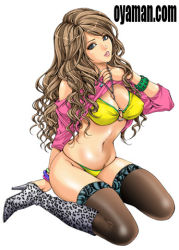 Rule 34 | 1girl, animal print, bikini, blue eyes, boots, breasts, brown hair, gyaru, jewelry, kogal, large breasts, leopard print, long hair, lowres, millipen (medium), nail polish, navel, necklace, original, oyaman, simple background, solo, swimsuit, thighhighs, traditional media, white background