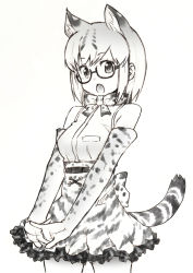 Rule 34 | 10s, 1girl, animal ears, animal print, bare shoulders, bow, bowtie, cat ears, cat tail, commentary request, elbow gloves, glasses, gloves, greyscale, highres, interlocked fingers, kemono friends, looking at viewer, margay (kemono friends), margay ears, margay tail, monochrome, open mouth, sleeveless, sokushinbutsu, solo, tail