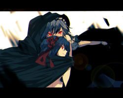 Rule 34 | 2girls, backlighting, between fingers, blue hair, cape, hair ribbon, holding, izayoi sakuya, knife, letterboxed, light trail, looking at viewer, maid headdress, multiple girls, outstretched arm, outstretched hand, puffy short sleeves, puffy sleeves, red eyes, remilia scarlet, ribbon, short sleeves, silver hair, smile, tian (my dear), touhou