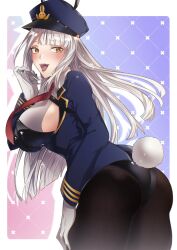 Rule 34 | 1girl, ass, awa 0o, black leotard, black pantyhose, blue hat, blue jacket, breasts, commentary, fake tail, gloves, grey hair, hat, highres, jacket, large breasts, leotard, leotard under clothes, long hair, open mouth, pantyhose, playboy bunny, police, police hat, police uniform, rabbit tail, smile, solo, strapless, strapless leotard, symbol-only commentary, tail, tongue, tongue out, uniform, virtual youtuber, vshojo, white gloves, yellow eyes, zentreya, zentreya (cyborg)