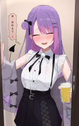 Rule 34 | 1girl, absurdres, akemepol, alcohol, beer, belt, black belt, black bow, black bowtie, black skirt, blush, bow, bowtie, breasts, cardigan, closed eyes, colored inner hair, cross, cross earrings, cup, demon tail, doorway, drunk, ear piercing, earrings, fang, frilled shirt, frilled sleeves, frills, gradient hair, grey cardigan, hair ornament, hairclip, heart, highres, holding, holding cup, hololive, jewelry, jirai kei, long hair, medium breasts, miniskirt, multicolored hair, nose blush, off shoulder, official alternate costume, open cardigan, open clothes, open door, open mouth, piercing, pink hair, pleated skirt, pom pom (clothes), pov doorway, purple hair, shirt, skin fang, skirt, solo, spoken heart, standing, suspender skirt, suspenders, sweat, tail, tokoyami towa, tokoyami towa (jirai kei), virtual youtuber, wavy mouth, white shirt