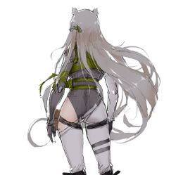 Rule 34 | 1girl, animal ears, ass, asymmetrical clothes, asymmetrical pants, bare shoulders, braid, commentary request, facing away, girls&#039; frontline, gloves, grey hair, grey pants, hair blowing, hair ornament, highres, jacket, ksvk (girls&#039; frontline), leg strap, leotard, long hair, mechanical arms, pandea work, pants, pouch, ribbed leotard, single mechanical arm, solo, thigh gap, thigh strap, very long hair, white background