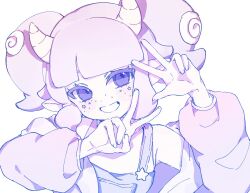Rule 34 | 1girl, blush, commentary, freckles, grin, hackerling, highres, horns, indie virtual youtuber, jacket, looking at viewer, monochrome, off shoulder, open clothes, open jacket, overalls, pointy ears, shirt, short hair, short twintails, simple background, sleeveless, sleeveless shirt, smile, solo, star (symbol), tehnyo, tentacle hair, twintails, upper body, v, virtual youtuber, w, white background