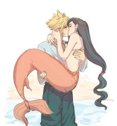 Rule 34 | 1boy, 1girl, black hair, blonde hair, blue eyes, blush, breasts, carrying, cloud strife, earrings, final fantasy, final fantasy vii, final fantasy vii remake, hair ornament, hetero, highres, jewelry, kiss, large breasts, long hair, looking at another, low-tied long hair, mermaid, midriff, monster girl, princess carry, pudelmudel, scales, shell, shell bikini, spiked hair, square enix, tifa lockhart