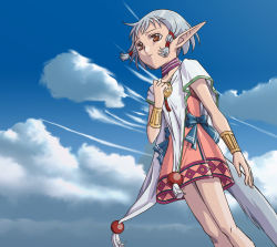 Rule 34 | 1girl, blue hair, bow, brown eyes, cape, choker, cloud, day, expressionless, falcom, from below, full body, isha (ys), jewelry, long pointy ears, lots of jewelry, official art, pink skirt, pointy ears, short hair, skirt, sky, solo, standing, tail, taue shunsuke, ys, ys vi, ys vi ark of napishtim