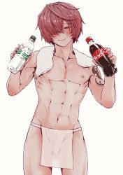 Rule 34 | 1boy, abs, arm tattoo, blush, bottle, bulge, coca-cola, collarbone, cowboy shot, fate/grand order, fate (series), fundoshi, fuuma kotarou (fate), hair over one eye, half-closed eye, hands up, highres, holding, holding bottle, japanese clothes, kamenakake, looking at viewer, male focus, navel, nipples, parted bangs, pectorals, red eyes, red hair, see-through silhouette, short hair, simple background, skull tattoo, smile, soda bottle, solo, standing, tattoo, toned, toned male, towel, towel around neck, underwear, underwear only