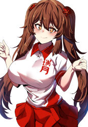 Rule 34 | 1girl, absurdres, alternate breast size, breasts, brown hair, collared shirt, commentary, english commentary, flower-shaped pupils, genshin impact, highres, hinghoi, hu tao (genshin impact), large breasts, looking at viewer, pleated skirt, polo shirt, red skirt, shirt, short sleeves, simple background, skirt, smile, solo, symbol-shaped pupils, twintails, upper body, white background, white shirt