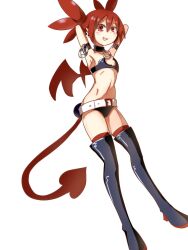 Rule 34 | 1girl, armpits, arms behind head, breasts, demon girl, demon tail, demon wings, disgaea, etna (disgaea), highres, legs, looking at viewer, makai senki disgaea, midriff, navel, red eyes, red hair, shorts, small breasts, smile, tail, thighs, twintails, wings