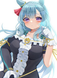 Rule 34 | 1girl, absurdres, animal ears, asymmetrical gloves, asymmetrical sleeves, black dress, black gloves, blue hair, blush, braid, breasts, center frills, closed mouth, commentary, crown braid, dress, frills, gloves, highres, horse ears, horse girl, horse tail, kaoru (h8qm9), long hair, long sleeves, looking at viewer, medium breasts, mejiro ardan (umamusume), mismatched gloves, purple eyes, short sleeves, simple background, smile, solo, tail, umamusume, uneven sleeves, upper body, white background, white gloves