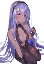 Rule 34 | 1girl, absurdly long hair, absurdres, alternate hair length, alternate hairstyle, bare shoulders, black gloves, black leotard, blush, breasts, cleavage, collarbone, dark-skinned female, dark skin, fate/grand order, fate/prototype, fate/prototype: fragments of blue and silver, fate (series), fingerless gloves, gloves, hairband, hassan of serenity (fate), head tilt, highres, leotard, long hair, navel, non-web source, purple eyes, purple hair, scan, simple background, solo, suzuho hotaru, very long hair, white background