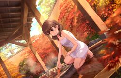 Rule 34 | 1girl, architecture, armpit crease, autumn leaves, barefoot, blurry, blurry foreground, breasts, brown hair, cleavage, day, dutch angle, east asian architecture, feet, full body, game cg, green eyes, hand on own thigh, idolmaster, idolmaster cinderella girls, idolmaster cinderella girls starlight stage, kneeling, medium hair, naked towel, official art, onsen, outdoors, sakuma mayu, small breasts, solo, spread toes, thighs, tiptoes, toenails, toes, towel