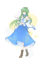 Rule 34 | 1girl, blue skirt, blue trim, boots, breasts, brown footwear, chinese commentary, closed mouth, commentary request, cross-laced footwear, detached sleeves, frog hair ornament, full body, gohei, green eyes, green hair, hair ornament, highres, holding, holding gohei, kochiya sanae, lace-up boots, long hair, long skirt, shirt, single hair tube, skirt, sleeveless, sleeveless shirt, small breasts, smile, solo, touhou, white shirt, white sleeves, xinjinjumin249055877979