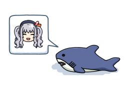 Rule 34 | 1girl, beret, black hat, closed eyes, grey hair, hama! (3toshinhmkz), hat, head only, kantai collection, kashima (kancolle), long hair, no humans, no nose, simple background, smile, speech bubble, stuffed animal, stuffed shark, stuffed toy, white background